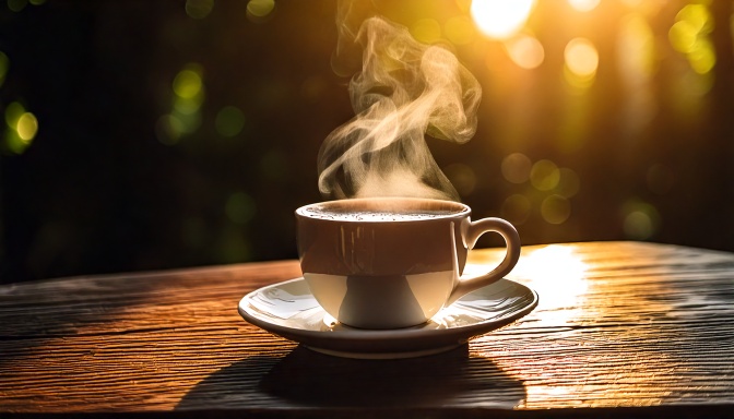 Xícara de café fumegante sobre uma mesa de madeira ao ar livre, com luz do sol dourada penetrando através das árvores, criando um efeito bokeh suave e atmosférico. A imagem captura a essência de um início de manhã relaxante, com atenção aos detalhes do vapor e do reflexo da luz no líquido.